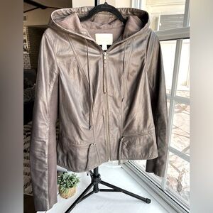 Hinge hooded leather jacket with zippers cotton interior brownish gray taupe